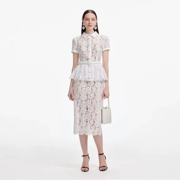 NWOT Self-Portrait WHITE LACE PEPLUM MIDI DRESS, size US4 - Picture 2 of 16